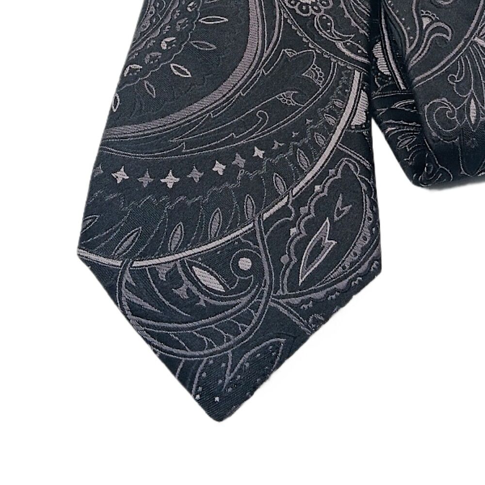 DKNY Silk Tie Mens 60” Black Gray Woven Paisley Floral Designer Classic New